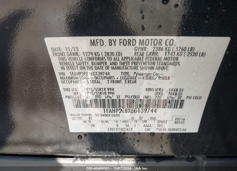 2014 FORD TAURUS SEL VIN: 1FAHP2E8XEG139744
