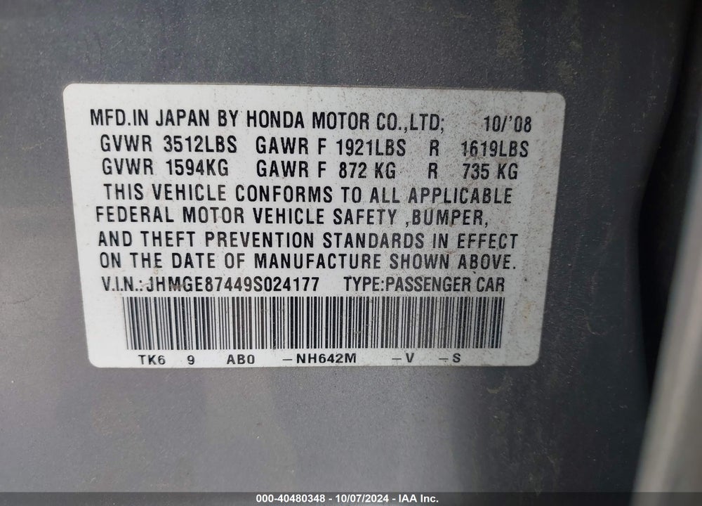 2009 HONDA FIT SPORT VIN: JHMGE87449S024177