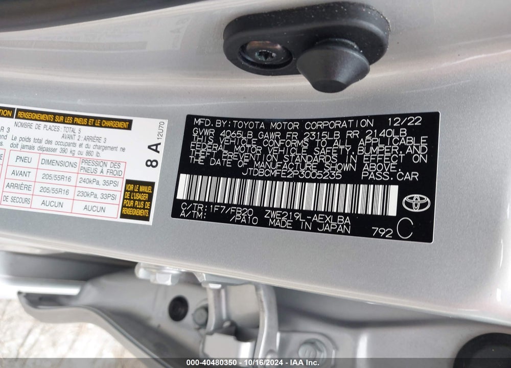 2023 TOYOTA COROLLA HYBRID LE VIN: JTDBCMFE2P3005235