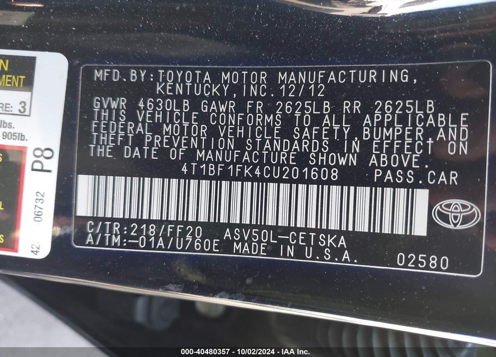 2012 TOYOTA CAMRY SE LIMITED EDITION VIN: 4T1BF1FK4CU201608