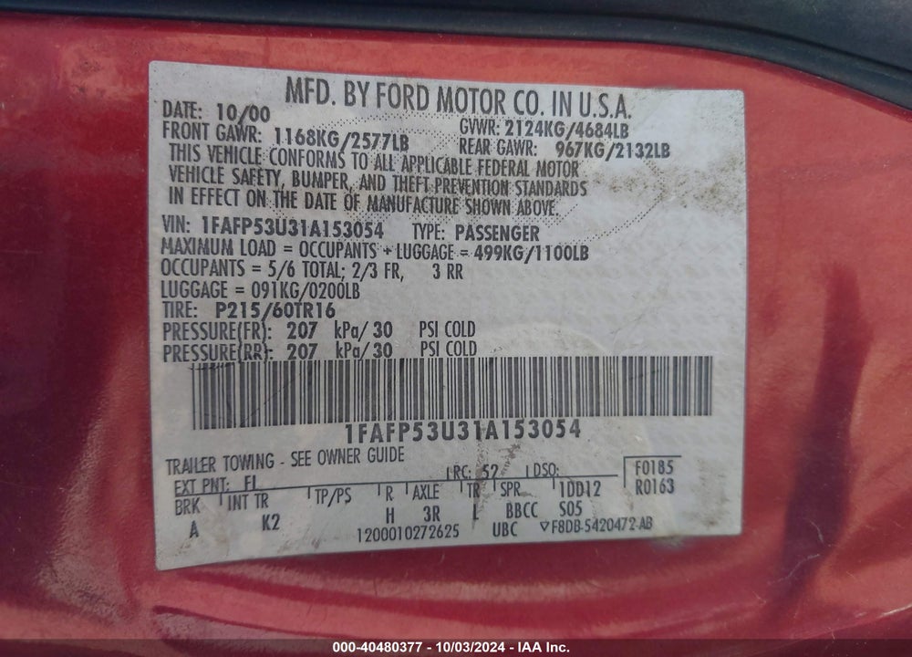 2001 FORD TAURUS SE VIN: 1FAFP53U31A153054