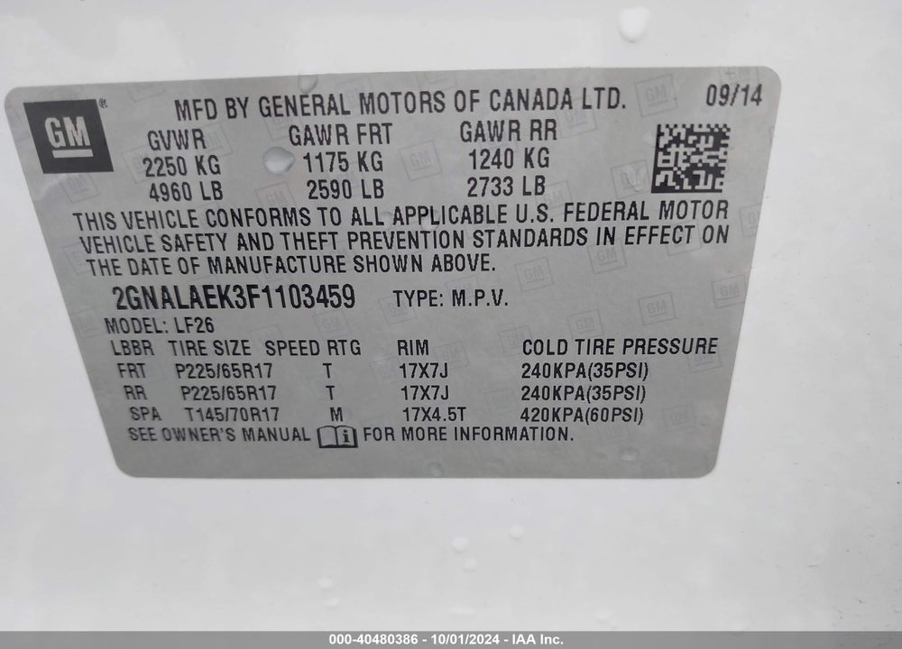 2015 CHEVROLET EQUINOX LS VIN: 2GNALAEK3F1103459