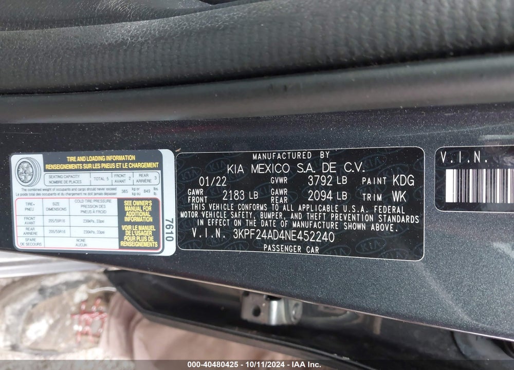 2022 KIA FORTE LXS VIN: 3KPF24AD4NE452240