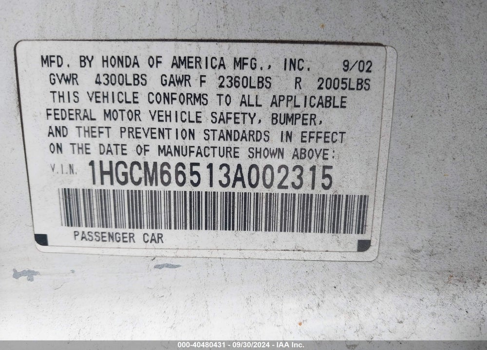 2003 HONDA ACCORD 3.0 EX VIN: 1HGCM66513A002315