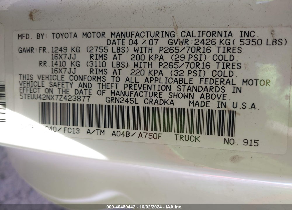 2007 TOYOTA TACOMA BASE V6 VIN: 5TEUU42NX7Z423877