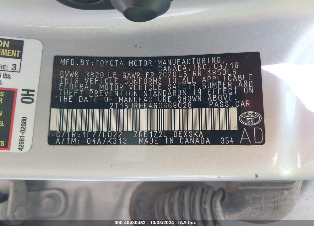 2016 TOYOTA COROLLA VIN: 2T1BURHE4GC668028