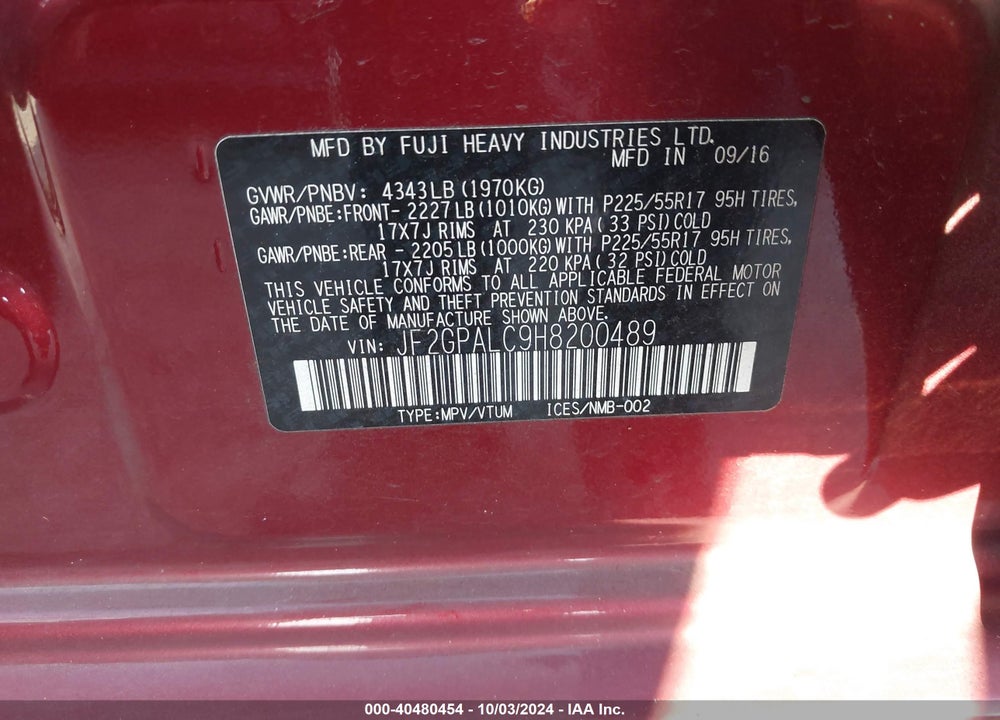 2017 SUBARU CROSSTREK 2.0I LIMITED VIN: JF2GPALC9H8200489