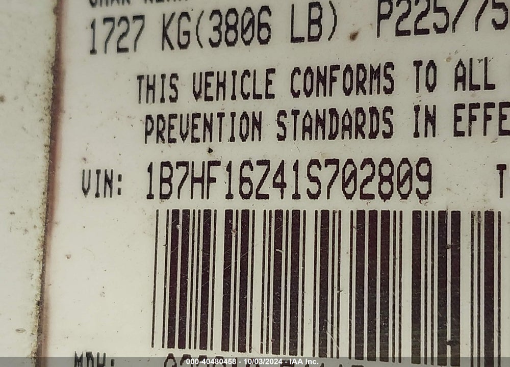 2001 DODGE RAM 1500 ST VIN: 1B7HF16Z41S702809