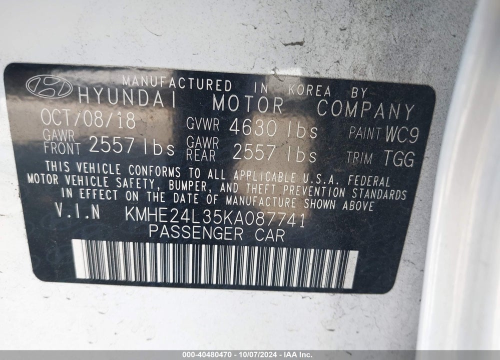 2019 HYUNDAI SONATA HYBRID SE VIN: KMHE24L35KA087741