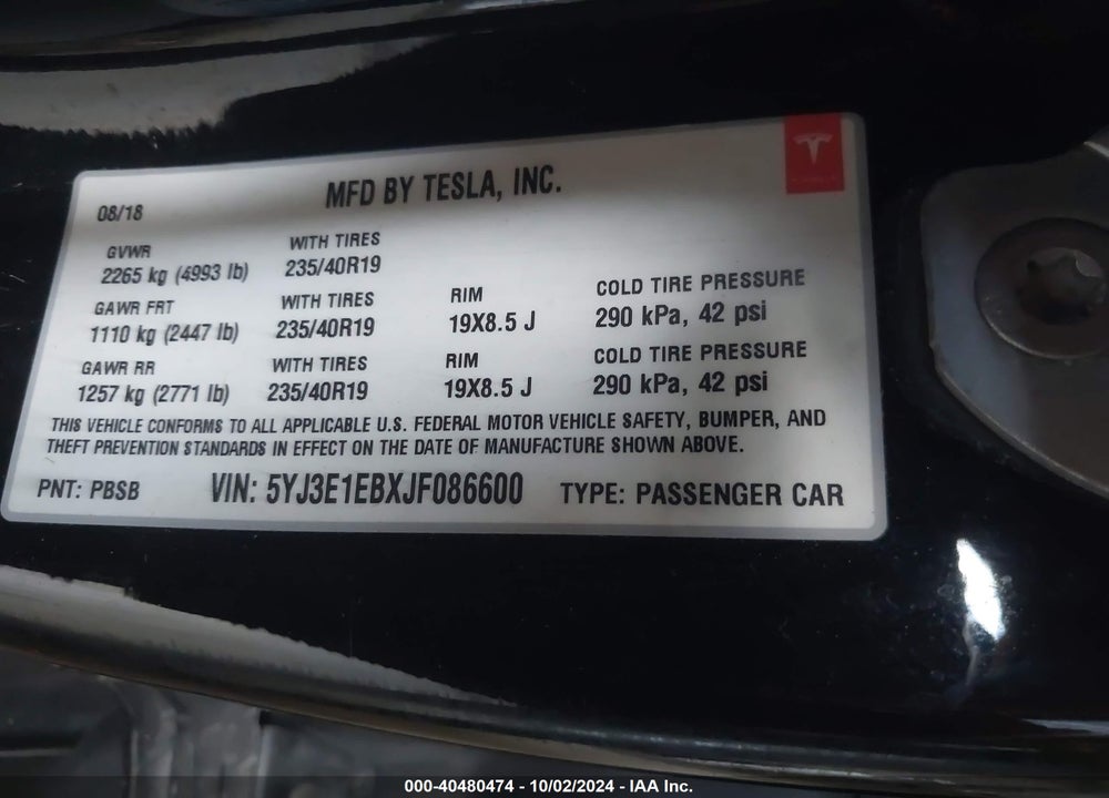 2018 TESLA MODEL 3 LONG RANGE/PERFORMANCE VIN: 5YJ3E1EBXJF086600