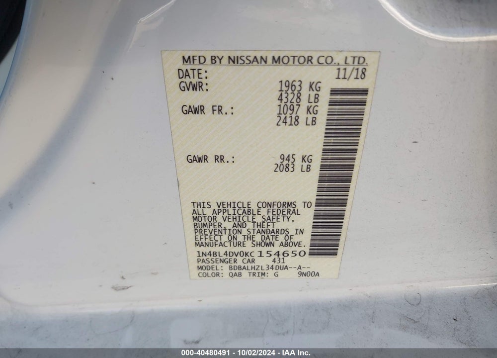 2019 NISSAN ALTIMA 2.5 SV VIN: 1N4BL4DV0KC154650