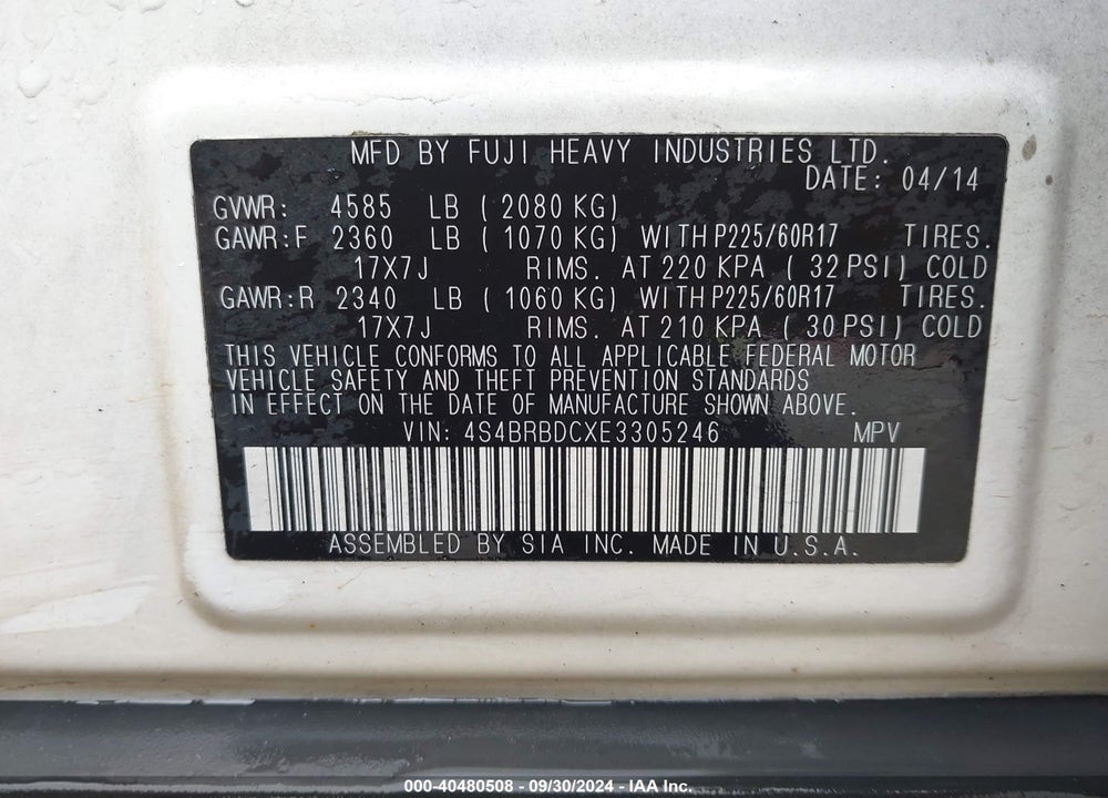 2014 SUBARU OUTBACK 2.5I PREMIUM VIN: 4S4BRBDCXE3305246