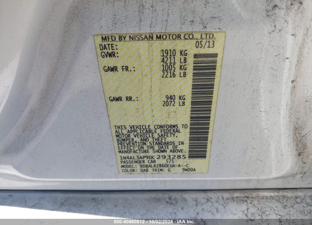 2013 NISSAN ALTIMA 2.5 S VIN: 1N4AL3AP9DC293285
