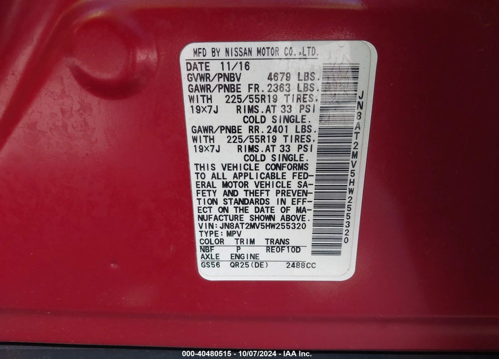 2017 NISSAN ROGUE SL VIN: JN8AT2MV5HW255320