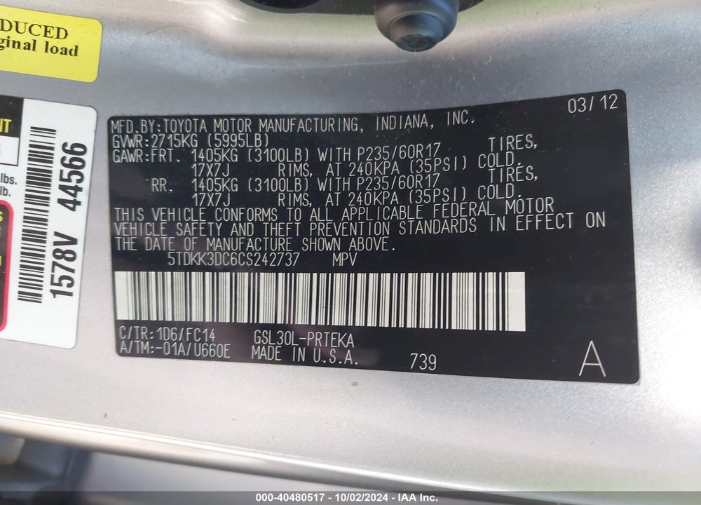 2012 TOYOTA SIENNA LE V6 8 PASSENGER VIN: 5TDKK3DC6CS242737