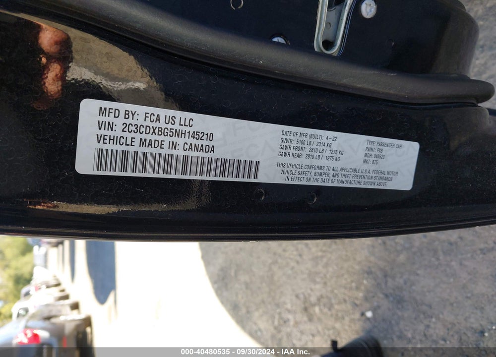 2022 DODGE CHARGER SXT RWD VIN: 2C3CDXBG5NH145210