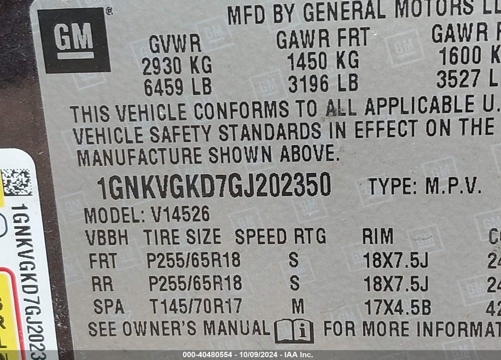 2016 CHEVROLET TRAVERSE 1LT VIN: 1GNKVGKD7GJ202350