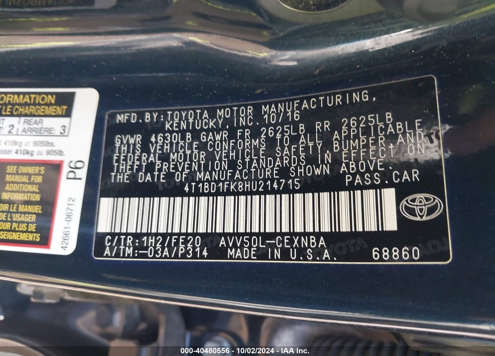 2017 TOYOTA CAMRY HYBRID LE VIN: 4T1BD1FK8HU214715