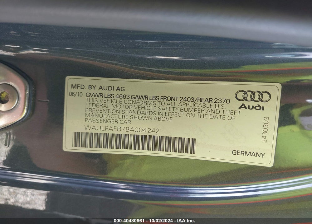 2011 AUDI A5 2.0T PREMIUM VIN: WAULFAFR7BA004242