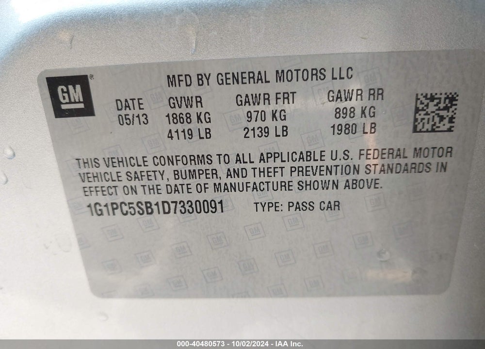 2013 CHEVROLET CRUZE 1LT AUTO VIN: 1G1PC5SB1D7330091