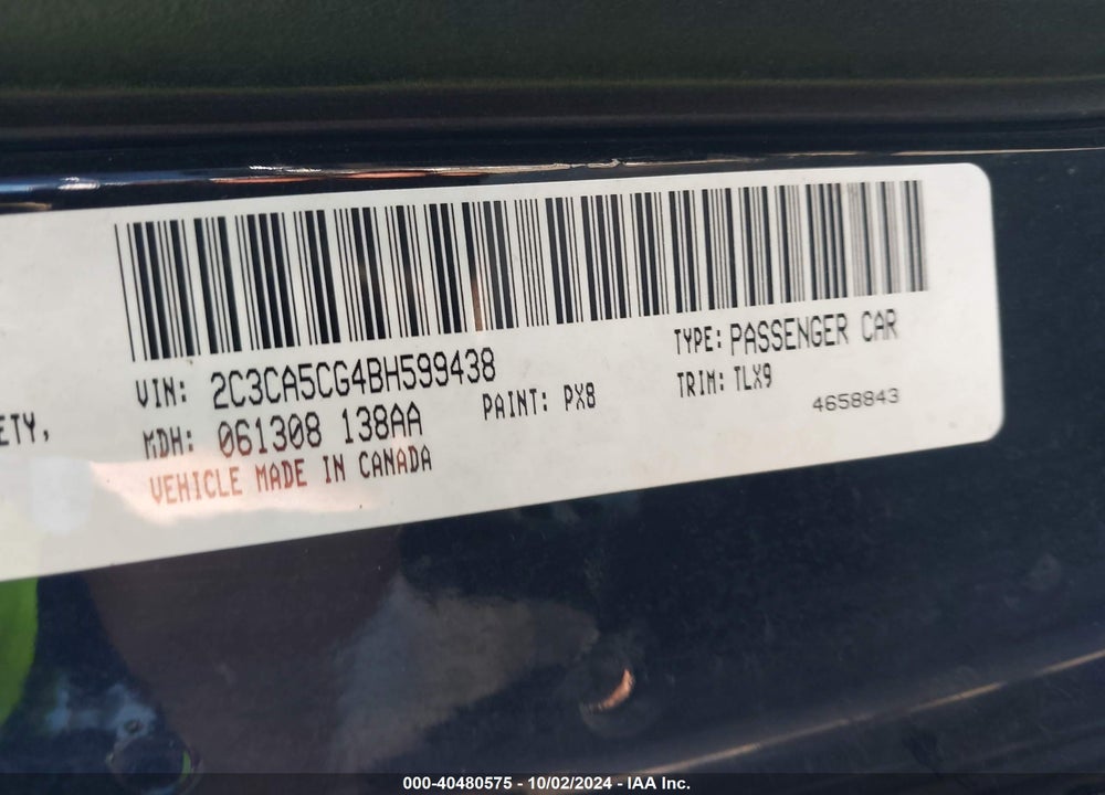 2011 CHRYSLER 300 LIMITED VIN: 2C3CA5CG4BH599438