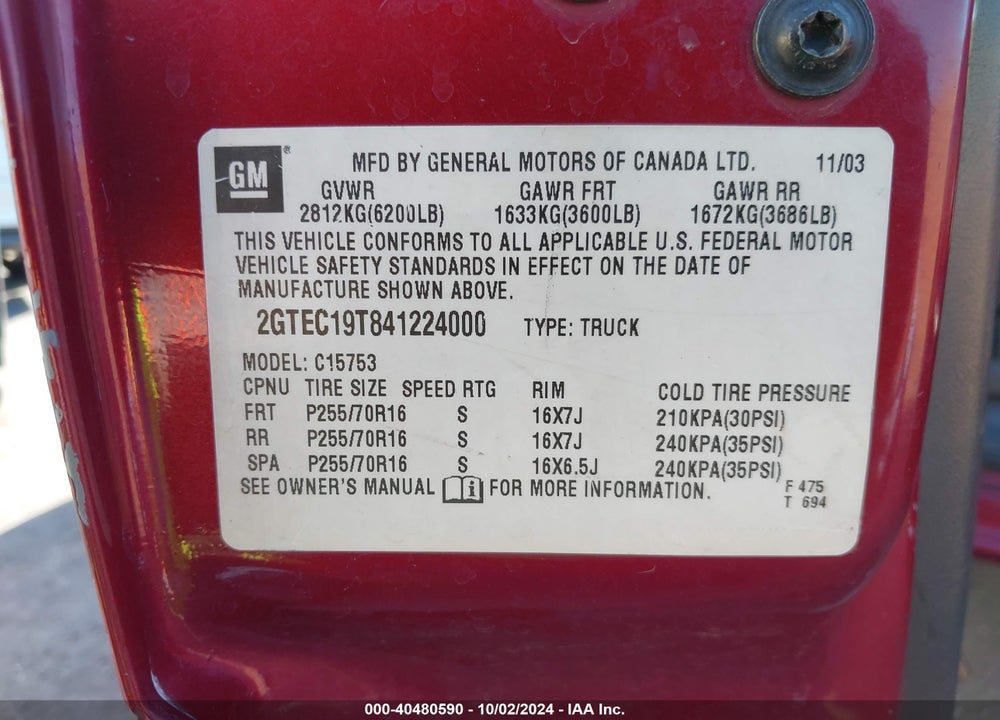 2004 GMC SIERRA 1500 SLE VIN: 2GTEC19T841224000