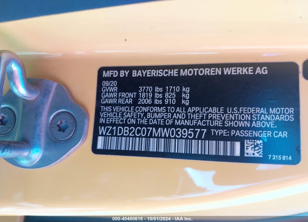 2021 TOYOTA GR SUPRA 2.0 VIN: WZ1DB2C07MW039577