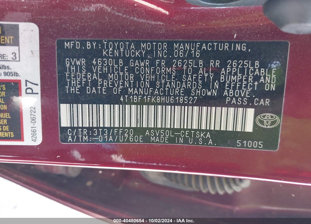 2017 TOYOTA CAMRY SE VIN: 4T1BF1FK8HU618527
