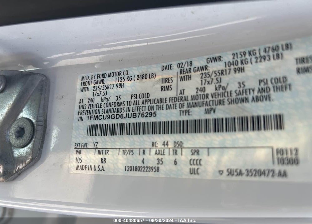 2018 FORD ESCAPE SE VIN: 1FMCU9GD6JUB76295