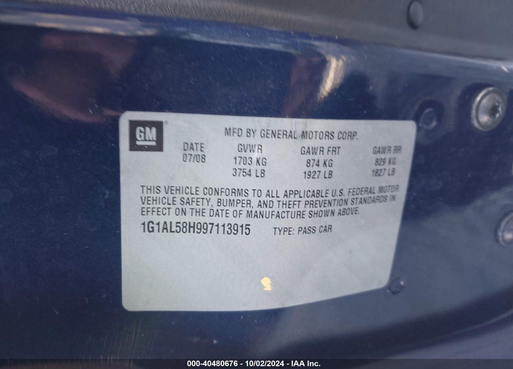2009 CHEVROLET COBALT LT VIN: 1G1AL58H997113915