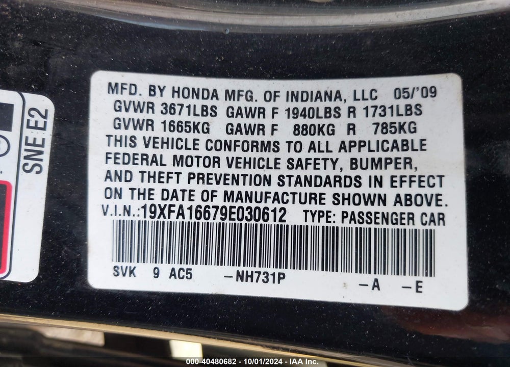2009 HONDA CIVIC LX-S VIN: 19XFA16679E030612