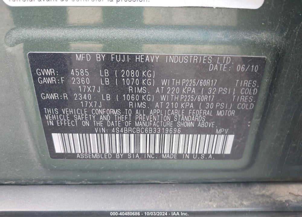 2011 SUBARU OUTBACK 2.5I PREMIUM VIN: 4S4BRCBC6B3319696