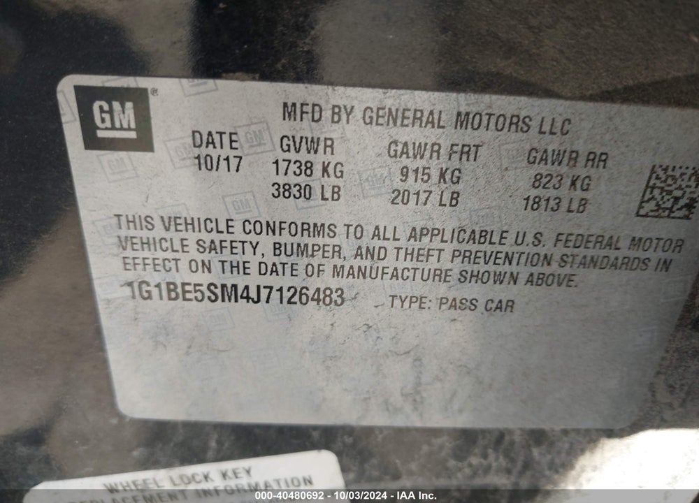 2018 CHEVROLET CRUZE LT AUTO VIN: 1G1BE5SM4J7126483