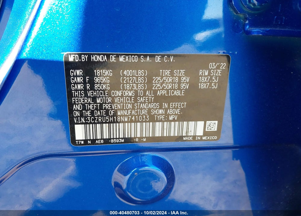 2022 HONDA HR-V 2WD SPORT VIN: 3CZRU5H18NM741033