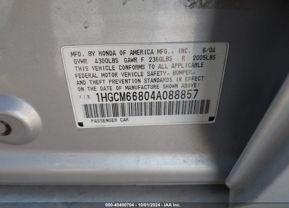 2004 HONDA ACCORD EX VIN: 1HGCM66804A088857