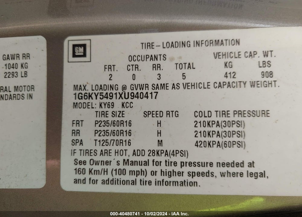 1999 CADILLAC SEVILLE STS VIN: 1G6KY5491XU940417