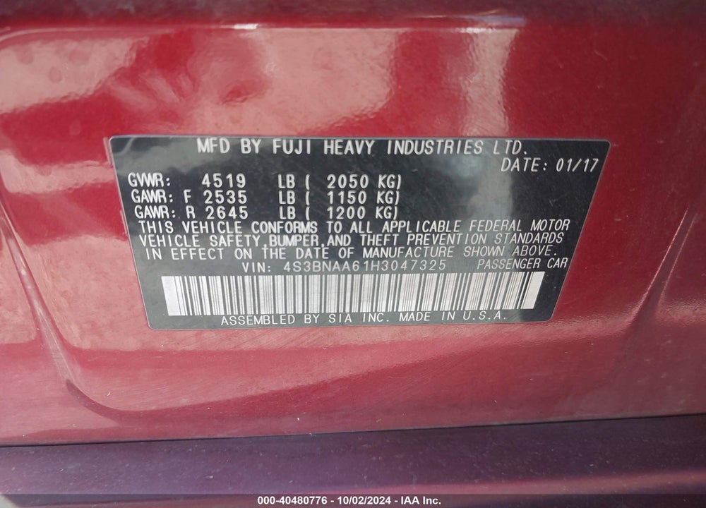 2017 SUBARU LEGACY 2.5I VIN: 4S3BNAA61H3047325