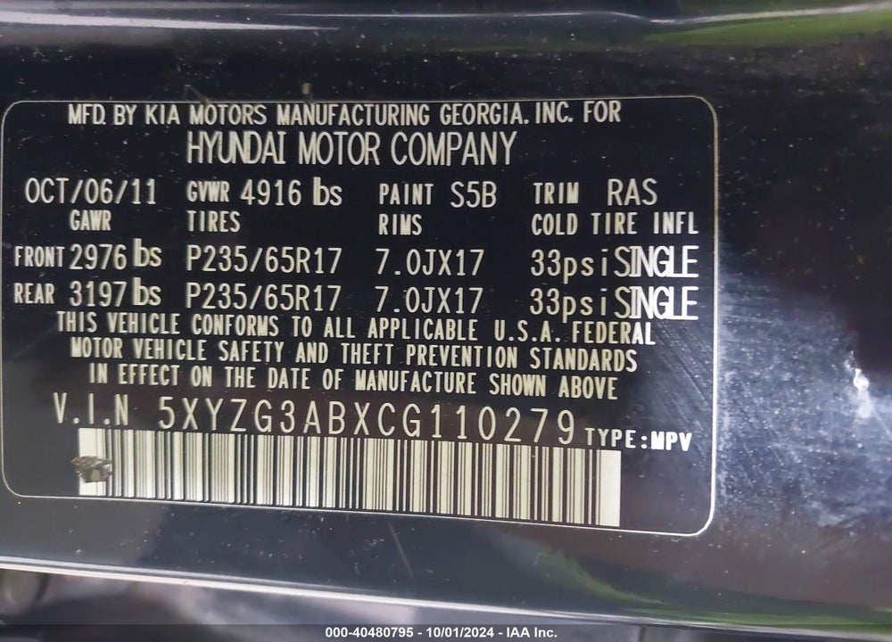 2012 HYUNDAI SANTA FE GLS VIN: 5XYZG3ABXCG110279