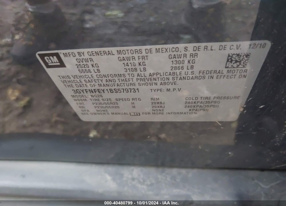 2011 CADILLAC SRX PREMIUM COLLECTION VIN: 3GYFNFEY1BS579731
