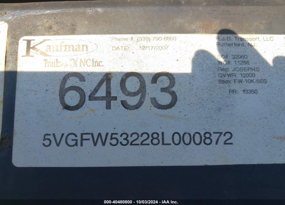 2008 KAUFMAN TRAILERS WEDGE VIN: 5VGFW53228L000872