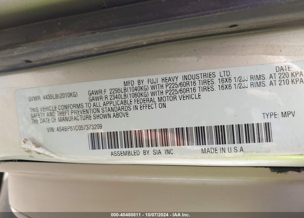 2005 SUBARU OUTBACK 2.5I VIN: 4S4BP61C057373209
