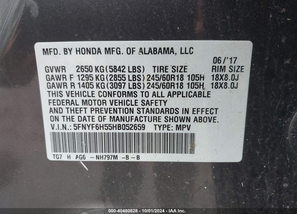 2017 HONDA PILOT EX-L VIN: 5FNYF6H55HB052659