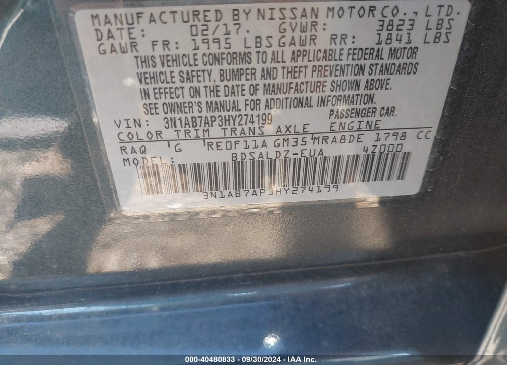 2017 NISSAN SENTRA SV VIN: 3N1AB7AP3HY274199