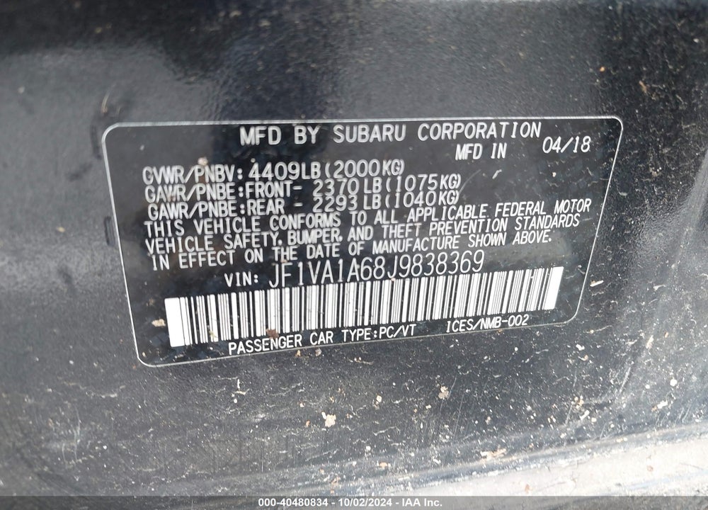 2018 SUBARU WRX VIN: JF1VA1A68J9838369