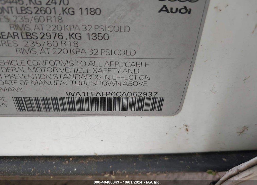 2012 AUDI Q5 2.0T PREMIUM VIN: WA1LFAFP6CA062937