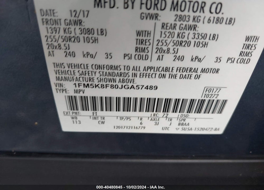 2018 FORD EXPLORER LIMITED VIN: 1FM5K8F80JGA57489