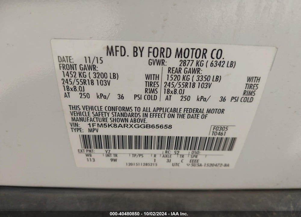 2016 FORD UTILITY POLICE INTERCEPTOR VIN: 1FM5K8ARXGGB65658