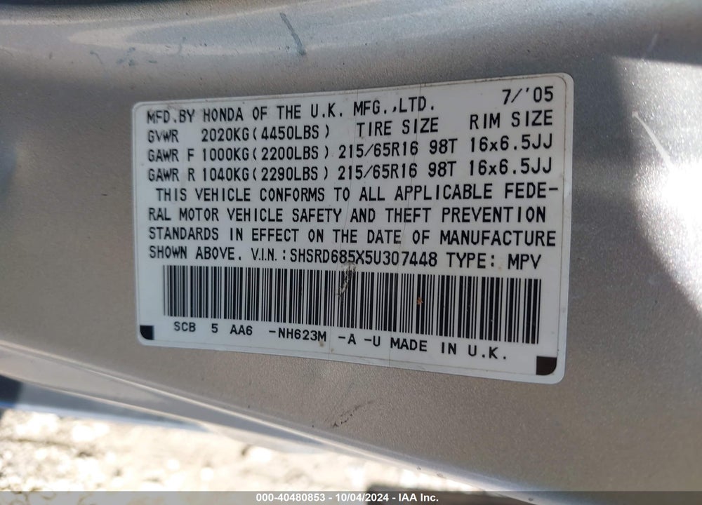 2005 HONDA CR-V LX VIN: SHSRD685X5U307448