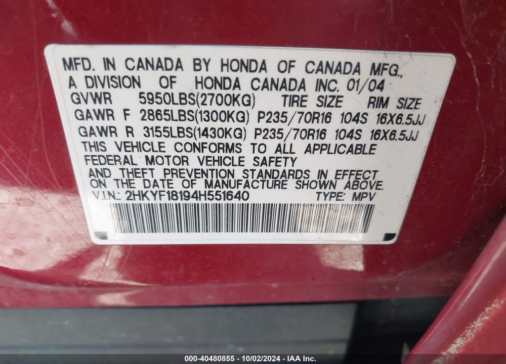 2004 HONDA PILOT LX VIN: 2HKYF18194H551640