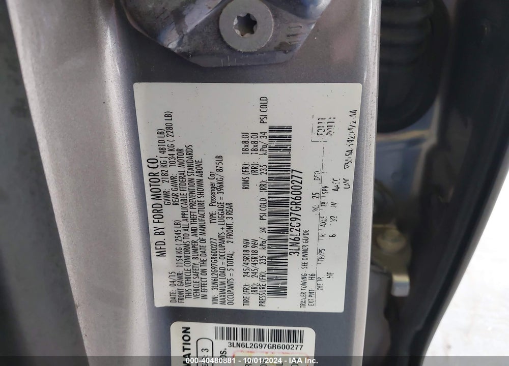 2016 LINCOLN MKZ VIN: 3LN6L2G97GR600277